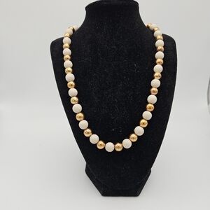 vintage white and gold wooden bead necklace